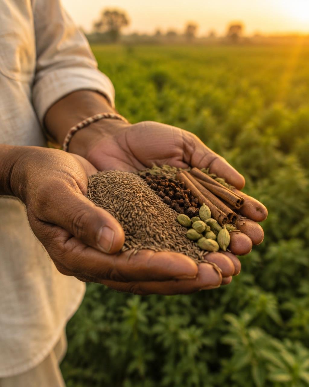 Hands holding freshly harvested Indian spices over a field at sunset