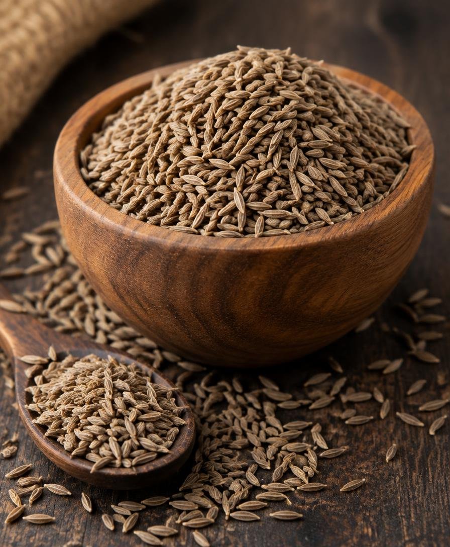 Indian cumin seeds in a wooden bowl and spoon