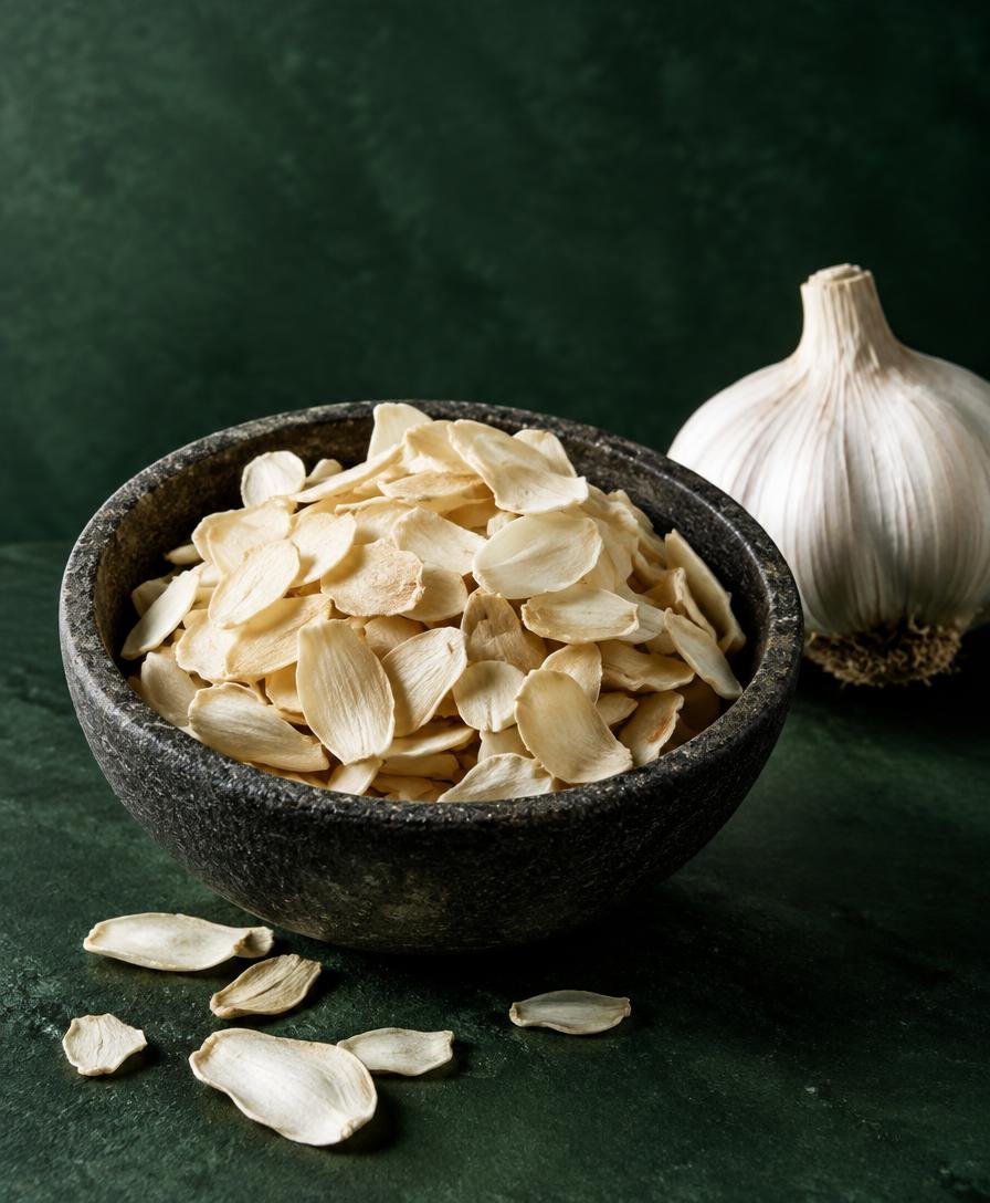 Dried garlic flakes in a stone bowl beside a whole garlic bulb