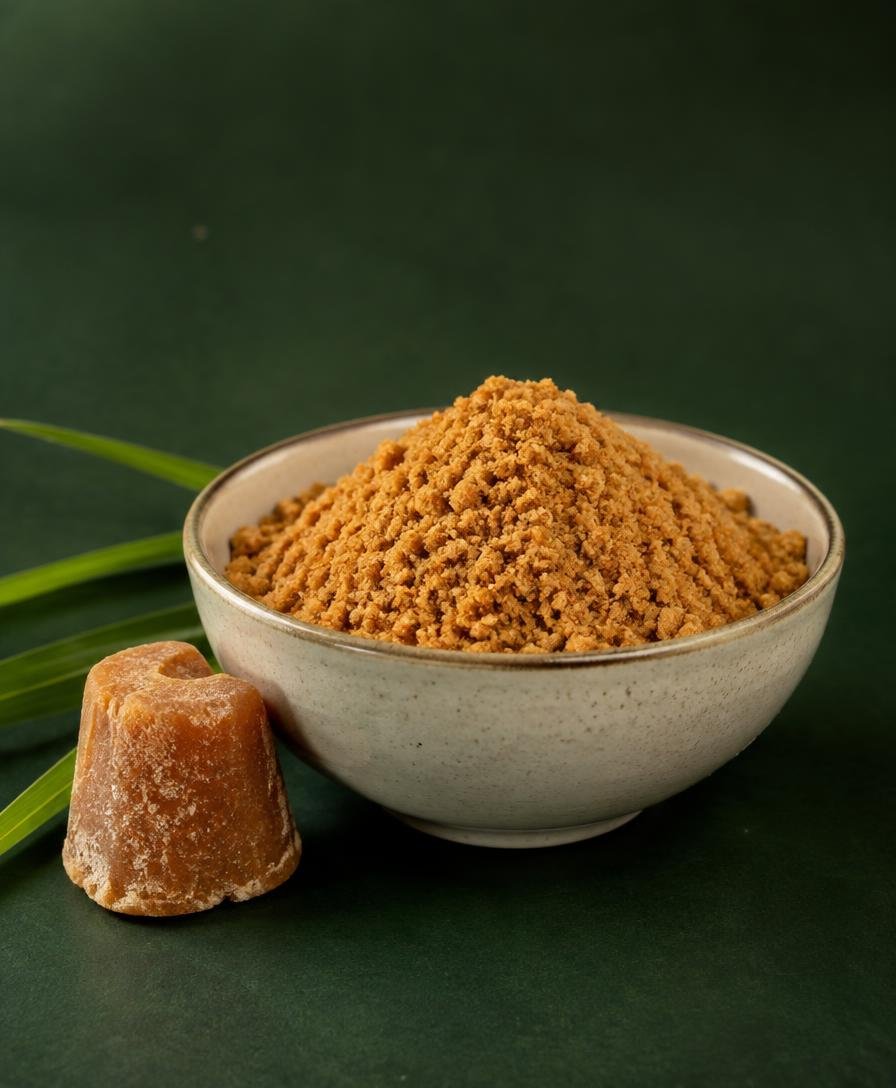 Golden-brown jaggery powder in a ceramic bowl with a jaggery block