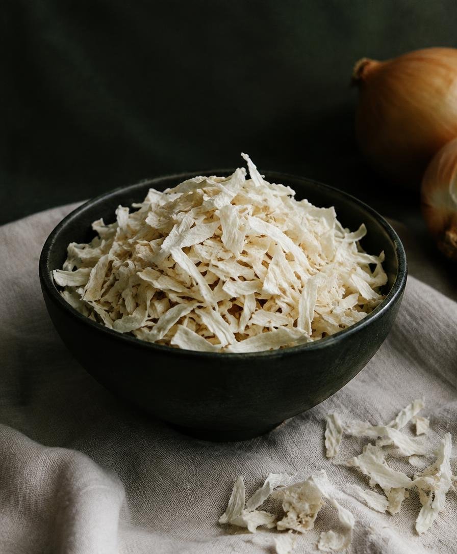 Dried white onion flakes in a dark ceramic bowl