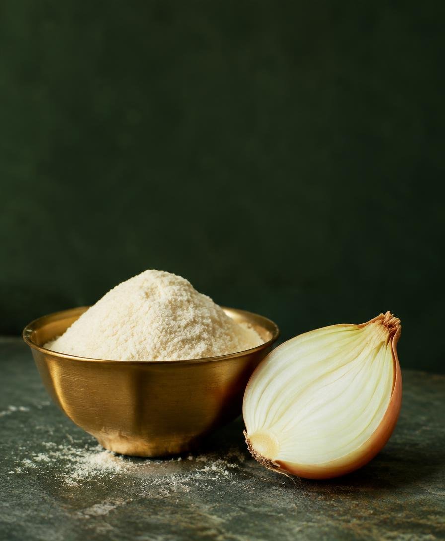 Fine onion powder in a brass bowl with a halved fresh onion