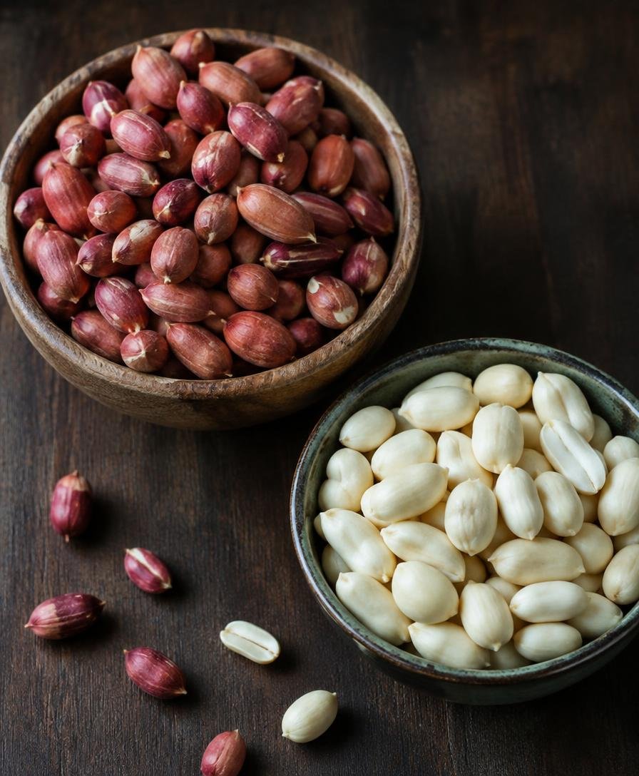 Raw red-skinned peanuts beside blanched peanut kernels