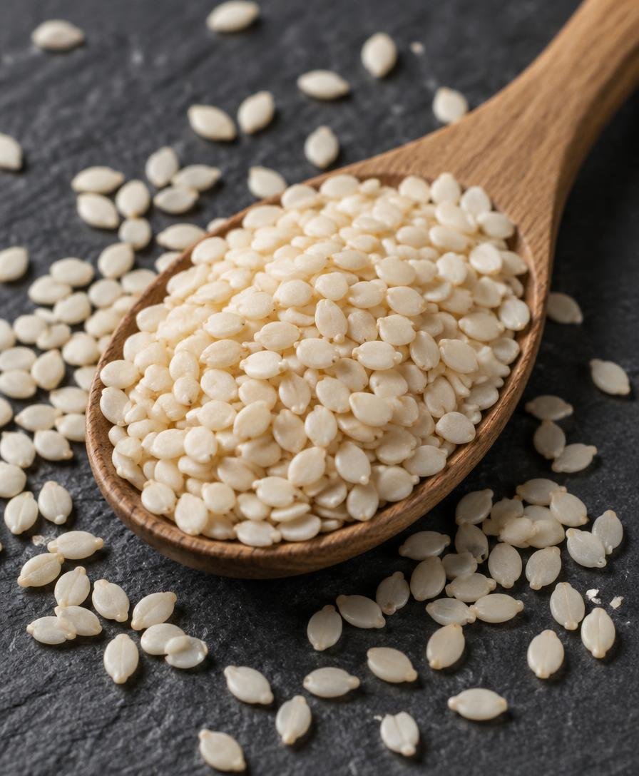 Hulled white sesame seeds on a wooden spoon