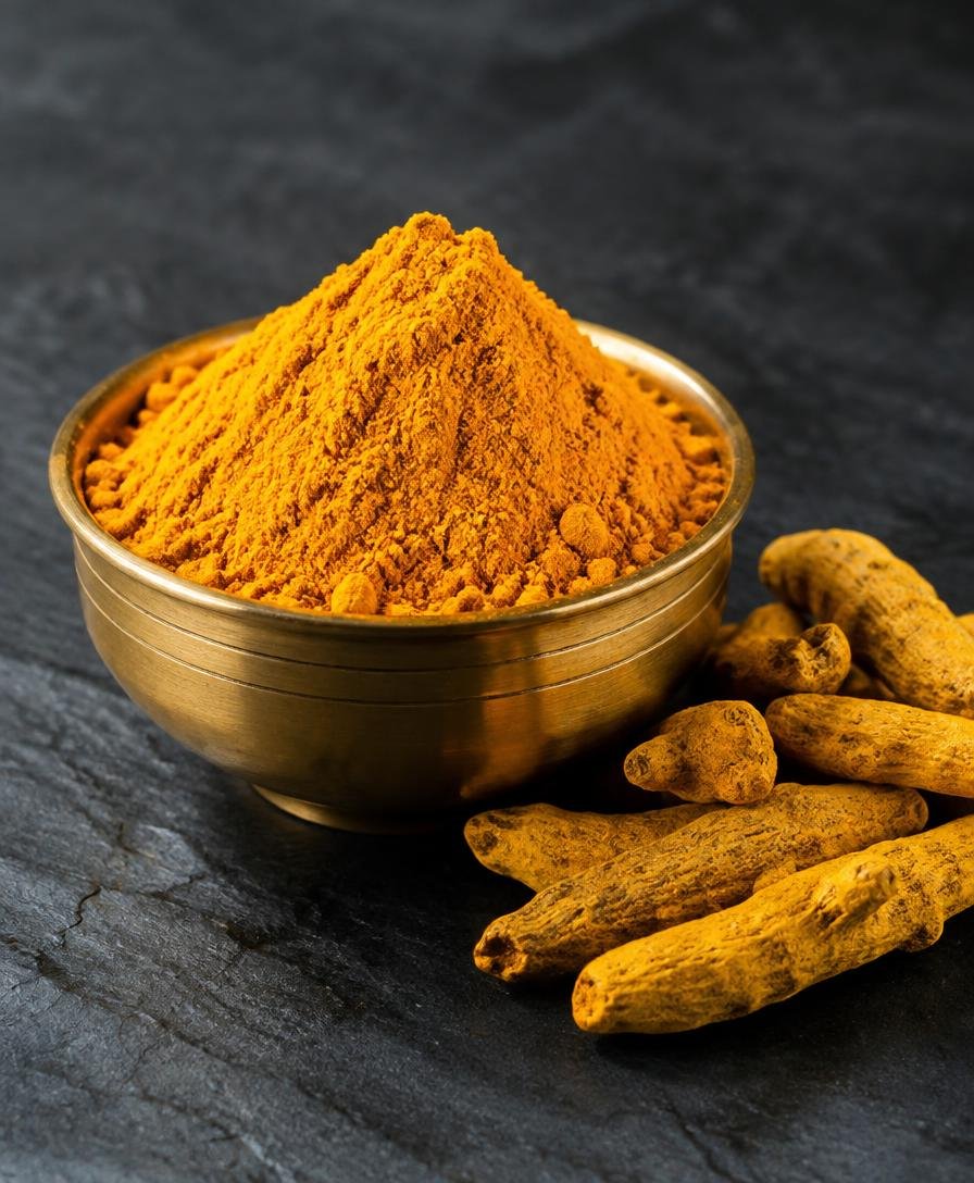 Turmeric powder in a brass bowl with dried turmeric fingers