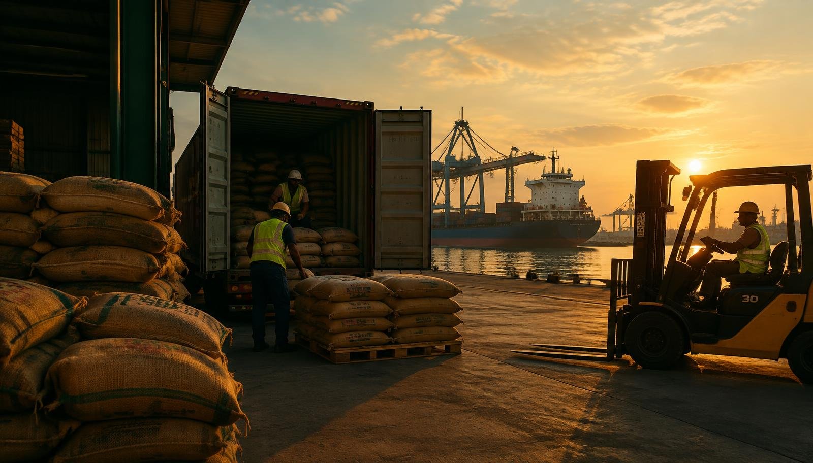 Sacks of agricultural produce being loaded into a container at a port