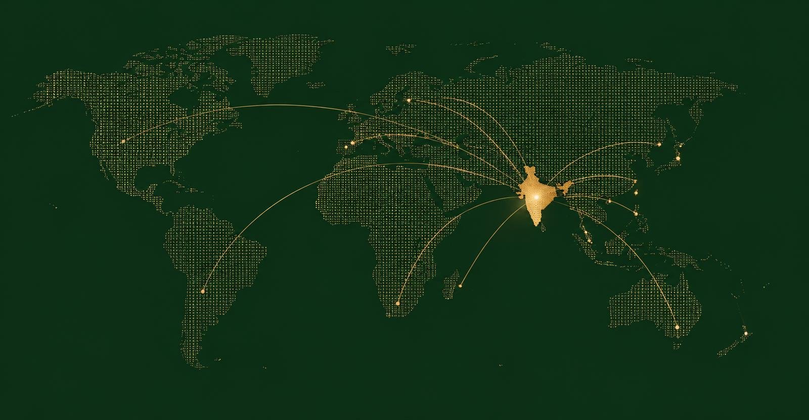 Stylised world map with gold route lines from India
